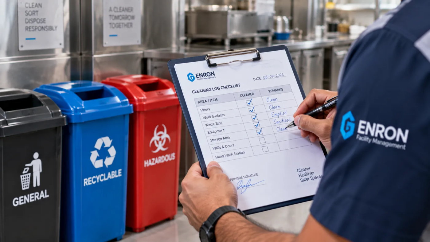 Facility management worker checking a cleaning log checklist beside color-coded general, recyclable, and hazardous waste bins in a commercial kitchen.