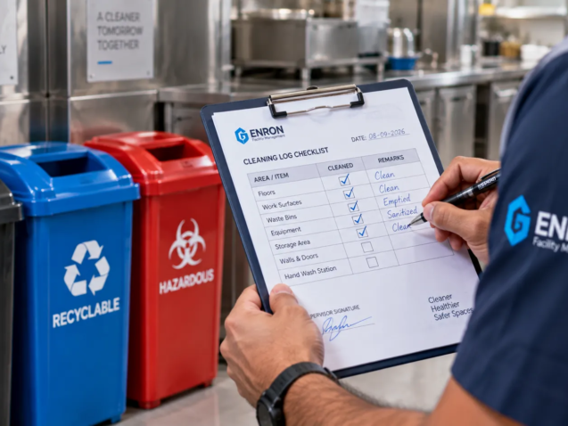 ChatGPT Image Sep 8 2026 05 29 53 PM Facility management worker checking a cleaning log checklist beside color-coded general, recyclable, and hazardous waste bins in a commercial kitchen.