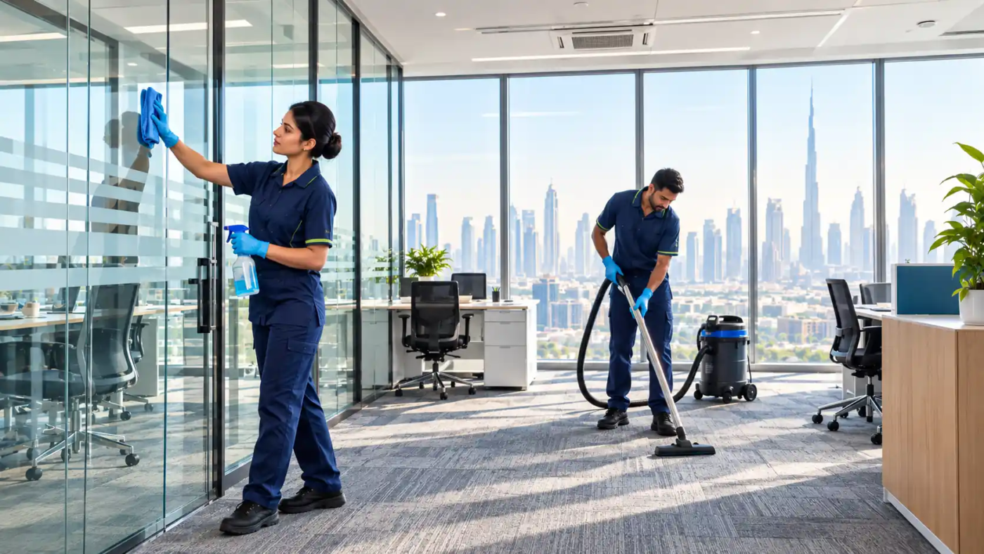 Commercial deep cleaning Dubai technician cleaning an office AC vent