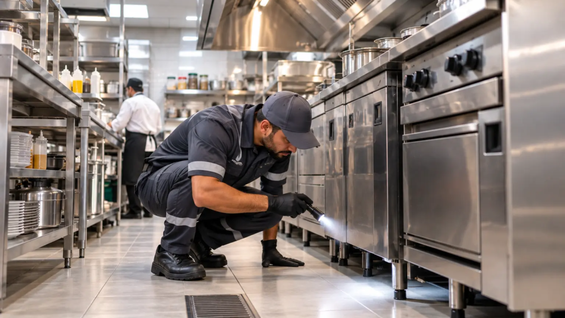 commercial kitchen pest control technician inspecting restaurant equipment