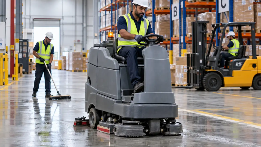 warehouse and factory cleaning team using industrial floor scrubber