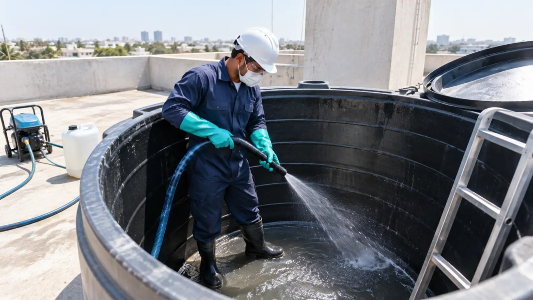 water tank cleaning Dubai technician rooftop tank