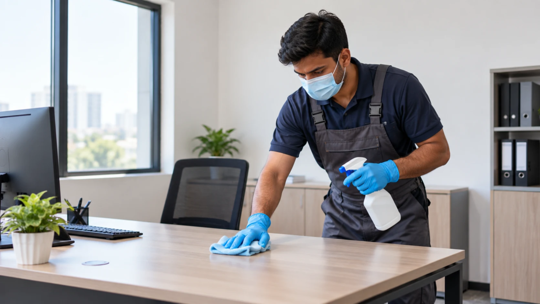 sanitization vs disinfection worker cleaning office surface