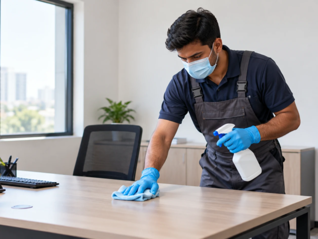 image 9 sanitization vs disinfection worker cleaning office surface