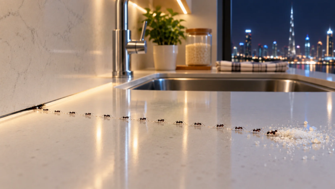 Ant control Dubai: line of ants on a clean kitchen countertop
