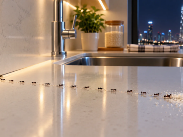 image 10 Ant control Dubai: line of ants on a clean kitchen countertop